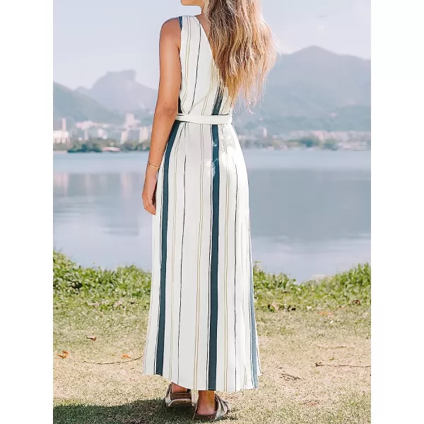 imageCUPSHE Womens V Neck Striped Wrap Tie Waist Sleeveless Maxi DressMulticolor