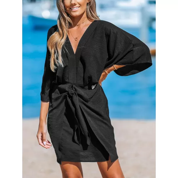 imageCUPSHE Womens V Neck Summer Dress 34 Kimono Sleeve Self Tie Pleated Loose Slit Mini Casual DressBlack