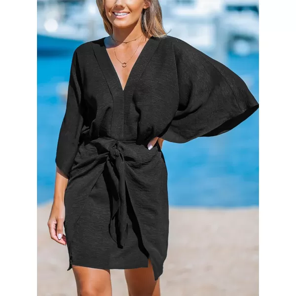 imageCUPSHE Womens V Neck Summer Dress 34 Kimono Sleeve Self Tie Pleated Loose Slit Mini Casual DressBlack