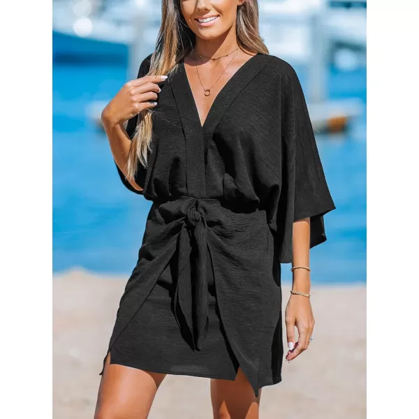 imageCUPSHE Womens V Neck Summer Dress 34 Kimono Sleeve Self Tie Pleated Loose Slit Mini Casual DressBlack