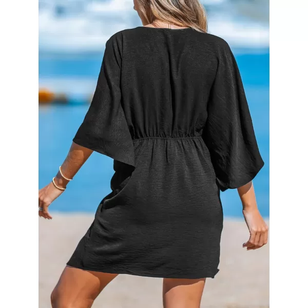 imageCUPSHE Womens V Neck Summer Dress 34 Kimono Sleeve Self Tie Pleated Loose Slit Mini Casual DressBlack