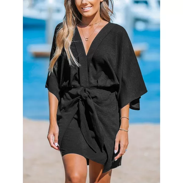 imageCUPSHE Womens V Neck Summer Dress 34 Kimono Sleeve Self Tie Pleated Loose Slit Mini Casual DressBlack