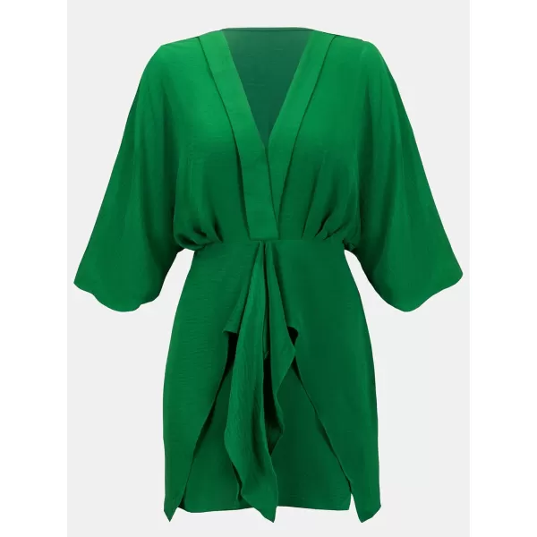 imageCUPSHE Womens V Neck Summer Dress 34 Kimono Sleeve Self Tie Pleated Loose Slit Mini Casual DressEmerald Green