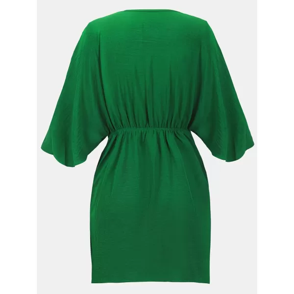 imageCUPSHE Womens V Neck Summer Dress 34 Kimono Sleeve Self Tie Pleated Loose Slit Mini Casual DressEmerald Green