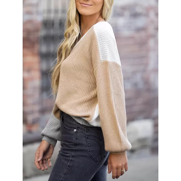 imageCUPSHE Womens V Neck Sweater Long Sleeve Knit Pullover Casual Crochet SweaterChampagne