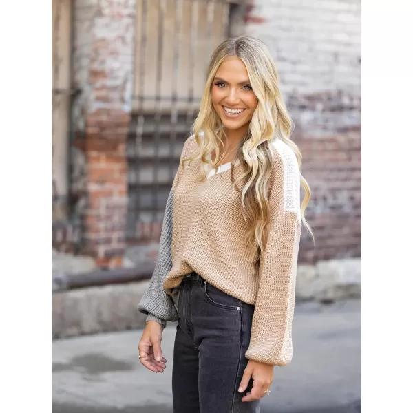 imageCUPSHE Womens V Neck Sweater Long Sleeve Knit Pullover Casual Crochet SweaterChampagne