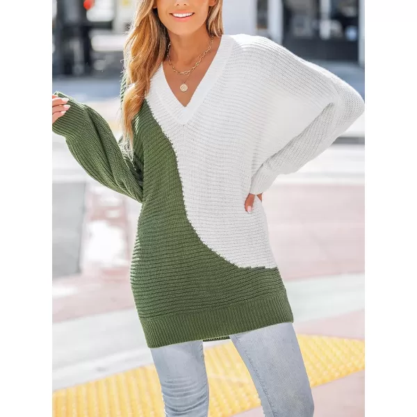 imageCUPSHE Womens V Neck Sweaters Long Sleeve Color Block Casual Loose Knitted Pullover TopsGreen