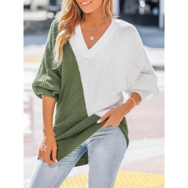 imageCUPSHE Womens V Neck Sweaters Long Sleeve Color Block Casual Loose Knitted Pullover TopsGreen