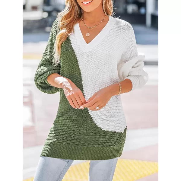 imageCUPSHE Womens V Neck Sweaters Long Sleeve Color Block Casual Loose Knitted Pullover TopsGreen
