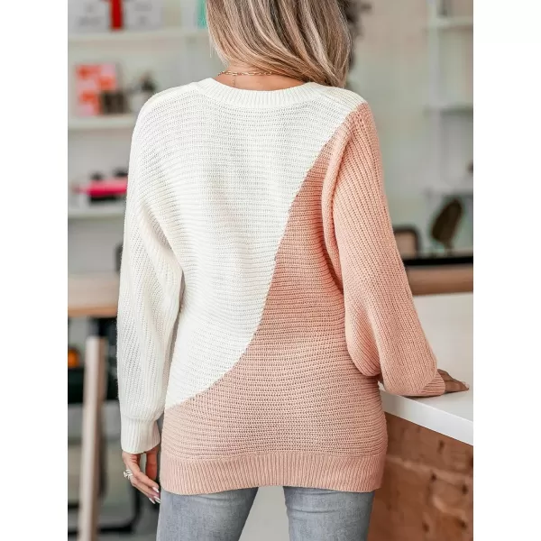 imageCUPSHE Womens V Neck Sweaters Long Sleeve Color Block Casual Loose Knitted Pullover TopsPink