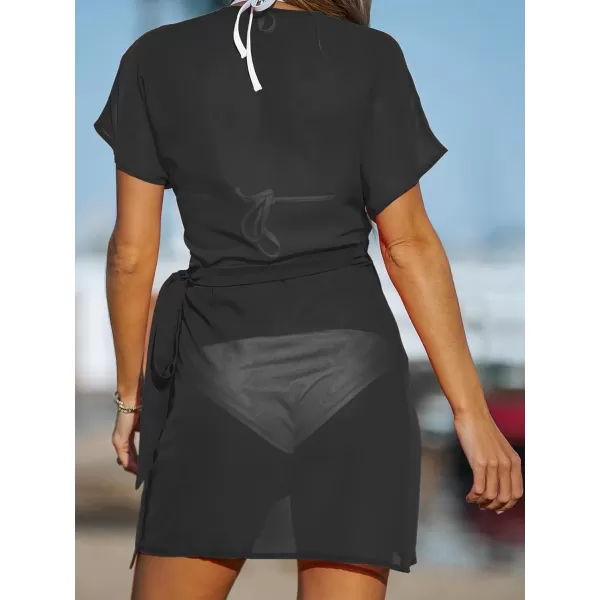 imageCUPSHE Womens V Neck Swim Beach Cover Up Short Sleeve Pull Over WrapBlack