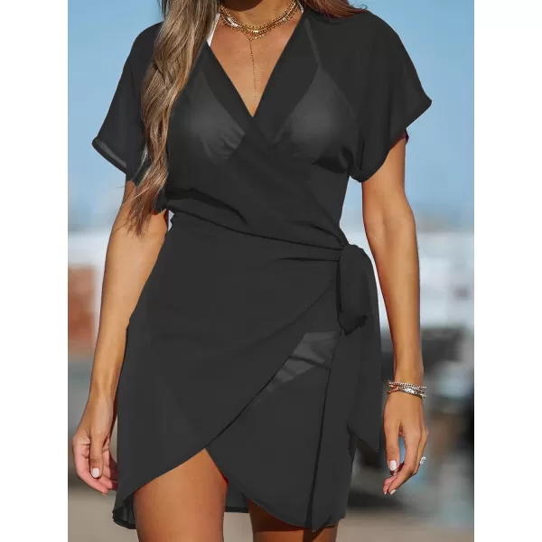 imageCUPSHE Womens V Neck Swim Beach Cover Up Short Sleeve Pull Over WrapBlack