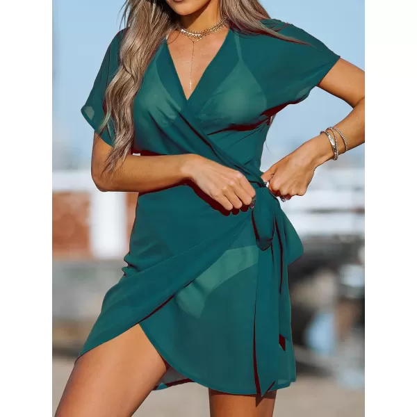 imageCUPSHE Womens V Neck Swim Beach Cover Up Short Sleeve Pull Over WrapCyan