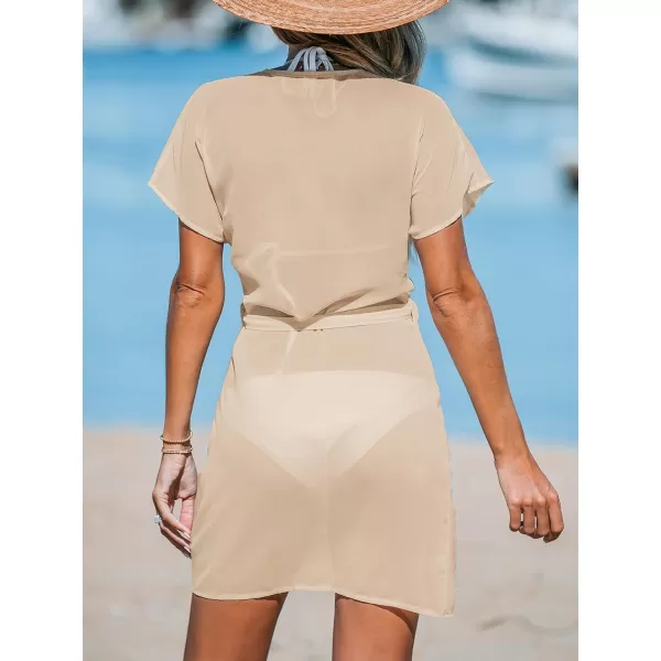 imageCUPSHE Womens V Neck Swim Beach Cover Up Short Sleeve Pull Over WrapNude Pink