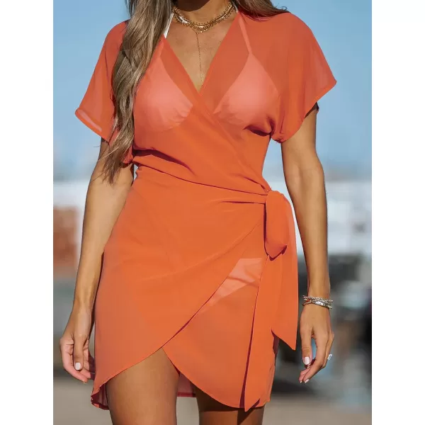imageCUPSHE Womens V Neck Swim Beach Cover Up Short Sleeve Pull Over WrapOrange