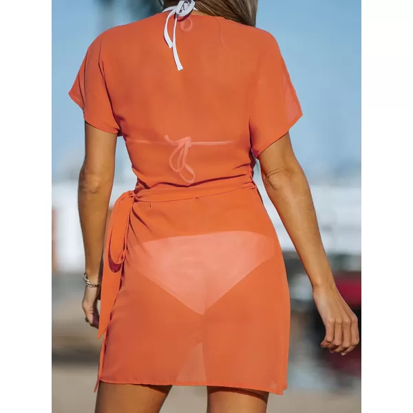 imageCUPSHE Womens V Neck Swim Beach Cover Up Short Sleeve Pull Over WrapOrange