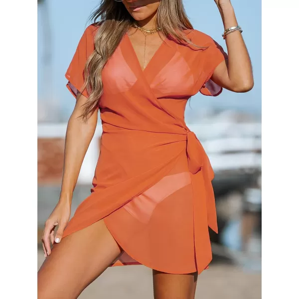 imageCUPSHE Womens V Neck Swim Beach Cover Up Short Sleeve Pull Over WrapOrange