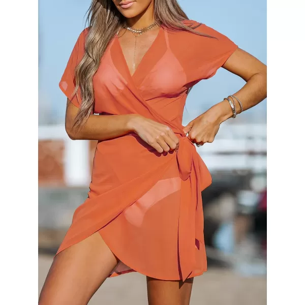 imageCUPSHE Womens V Neck Swim Beach Cover Up Short Sleeve Pull Over WrapOrange