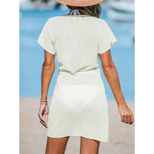 imageCUPSHE Womens V Neck Swim Beach Cover Up Short Sleeve Pull Over WrapWhite