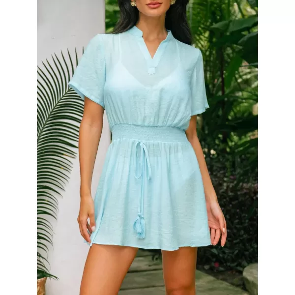 imageCUPSHE Womens V Neck Tassel CoverUp High Waist Short Sleeve A Line Mini DressSky Blue