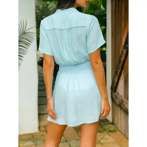 imageCUPSHE Womens V Neck Tassel CoverUp High Waist Short Sleeve A Line Mini DressSky Blue