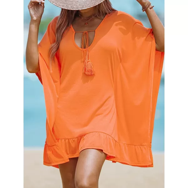 imageCUPSHE Womens V Neck Tassel Tie Short CoverUp Dolman Sleeves Flounce Mini DressOrange