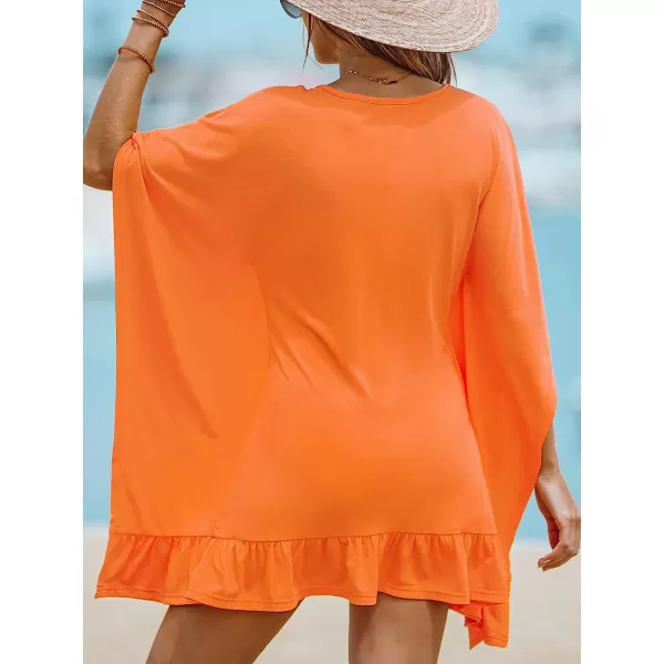 imageCUPSHE Womens V Neck Tassel Tie Short CoverUp Dolman Sleeves Flounce Mini DressOrange