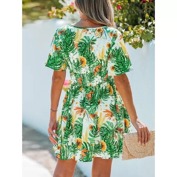 imageCUPSHE Womens V Neck Tropical Floral Print Smocked Short Sleeve Mini Dress Casual A Line Short DressGreen Leaf