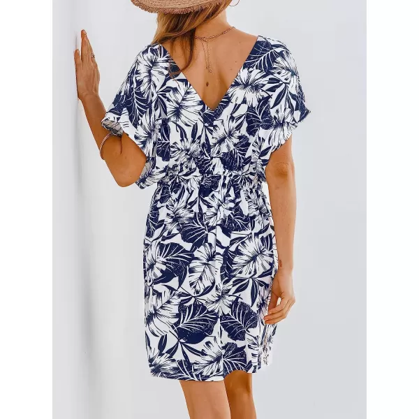 imageCUPSHE Womens V Neck Tropical Leaf Print Short Sleeve Mini Dress Casual A Line Summer Short DressNavy Leaf