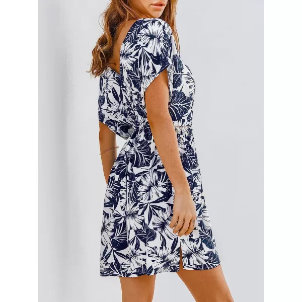 imageCUPSHE Womens V Neck Tropical Leaf Print Short Sleeve Mini Dress Casual A Line Summer Short DressNavy Leaf