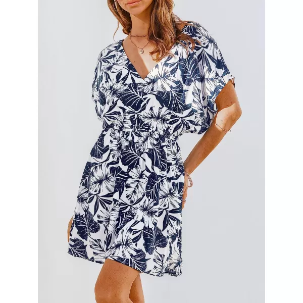 imageCUPSHE Womens V Neck Tropical Leaf Print Short Sleeve Mini Dress Casual A Line Summer Short DressNavy Leaf