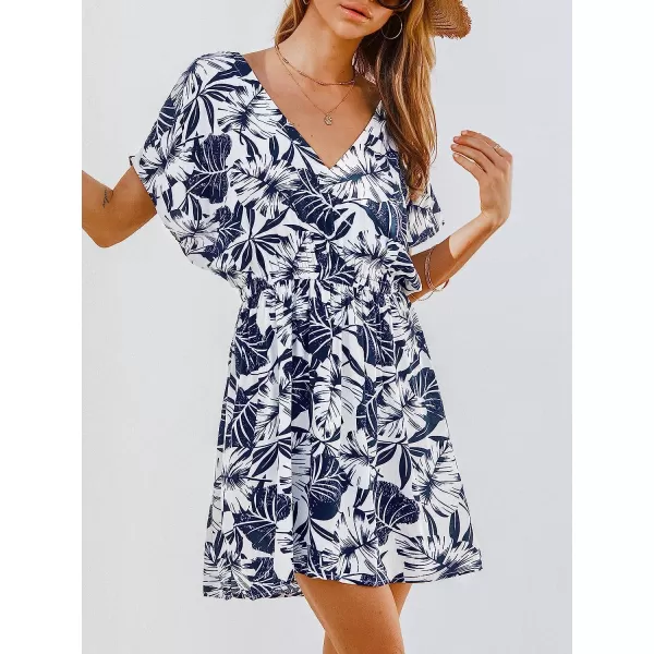imageCUPSHE Womens V Neck Tropical Leaf Print Short Sleeve Mini Dress Casual A Line Summer Short DressNavy Leaf