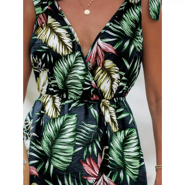 imageCUPSHE Womens V Neck Tropical Leaf Print Tie Strap Short Romper Elatic Waist Summer Casual Overalls Mini JumpsuitNavy Leaf
