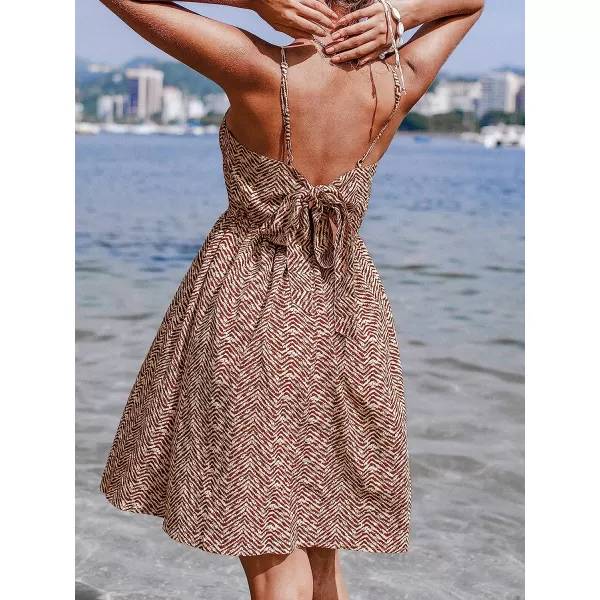 imageCUPSHE Womens V Neck Wave Pattern Bowknot Back Sleeveless Knee Length Spaghetti DressMulticoloured