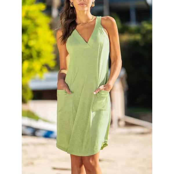 imageCUPSHE Womens V Neck Wide Straps Mini Dress A Line Summer Dress Short Dress with PocketsLight Green