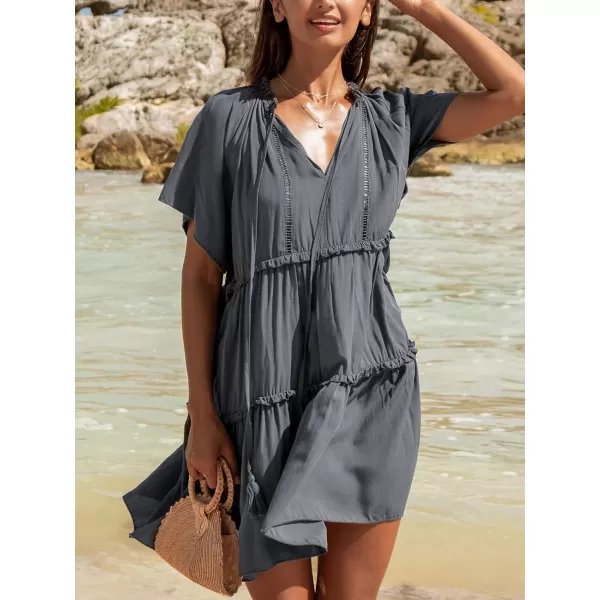 imageCUPSHE Womens V Neck with Tassel Tie Dress Short Dolman Sleeve Dresses Loose Ruffle A Line Mini DressGrey