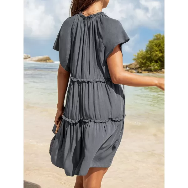 imageCUPSHE Womens V Neck with Tassel Tie Dress Short Dolman Sleeve Dresses Loose Ruffle A Line Mini DressGrey