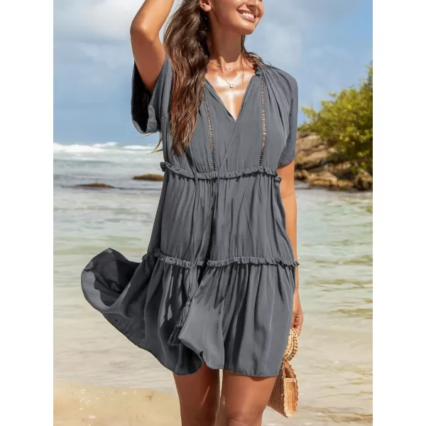 imageCUPSHE Womens V Neck with Tassel Tie Dress Short Dolman Sleeve Dresses Loose Ruffle A Line Mini DressGrey