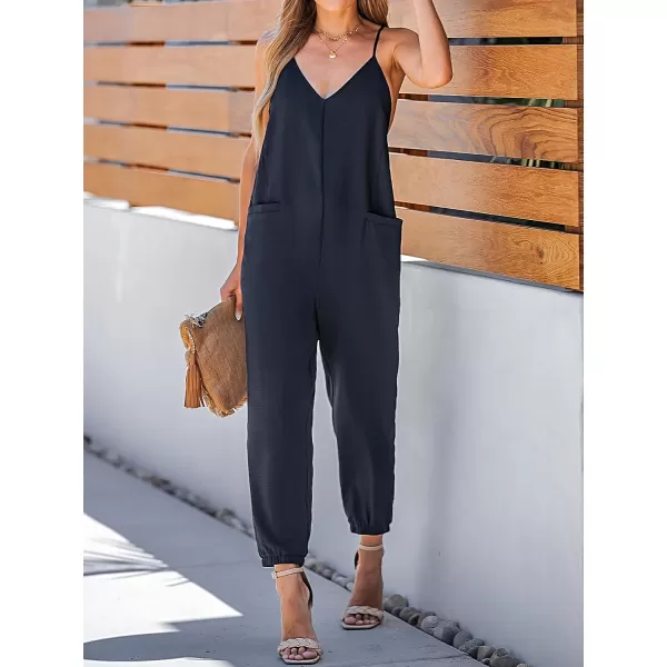 imageCUPSHE Womens VNeck Cami Jogger Jumpsuit Sleeveless Jumpsuits Sexy Casual with PocketsNavy