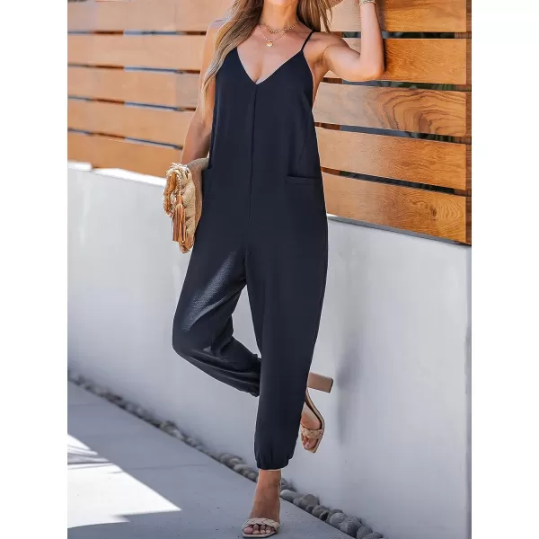 imageCUPSHE Womens VNeck Cami Jogger Jumpsuit Sleeveless Jumpsuits Sexy Casual with PocketsNavy