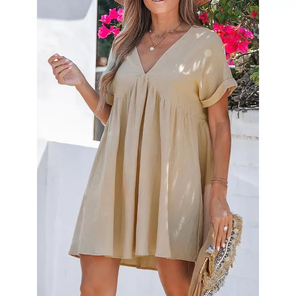 imageCUPSHE Womens VNeck Dress Short Sleeves Mini Dresses Rolled Cuffs Dressing Casual SummerApricot