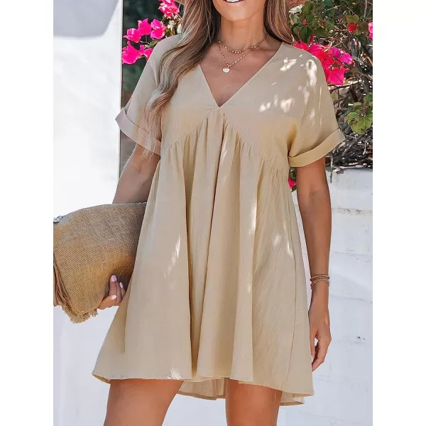 imageCUPSHE Womens VNeck Dress Short Sleeves Mini Dresses Rolled Cuffs Dressing Casual SummerApricot