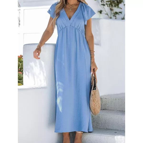 imageCUPSHE Womens VNeck Flare Sleeve Maxi Dress Short Sleeves Dresses Casual SummerBlue