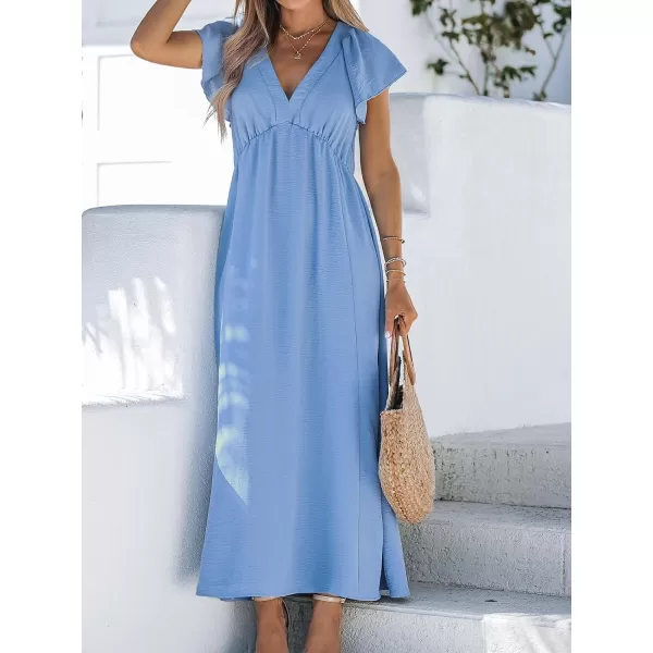 imageCUPSHE Womens VNeck Flare Sleeve Maxi Dress Short Sleeves Dresses Casual SummerBlue
