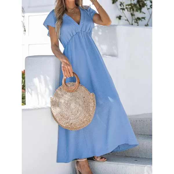imageCUPSHE Womens VNeck Flare Sleeve Maxi Dress Short Sleeves Dresses Casual SummerBlue