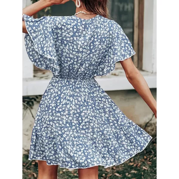 imageCUPSHE Womens VNeck Flared Sleeve Ditsy AShape Dress Froral Print Beach Summer Short DressesBlue