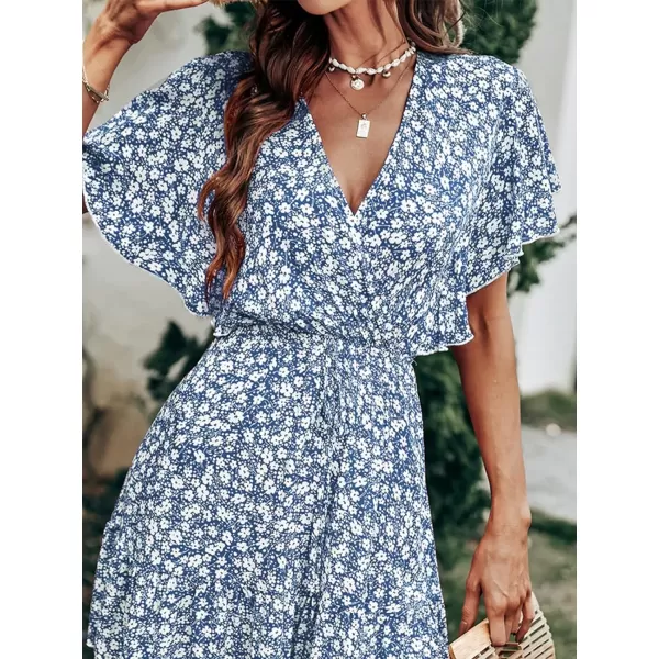 imageCUPSHE Womens VNeck Flared Sleeve Ditsy AShape Dress Froral Print Beach Summer Short DressesBlue