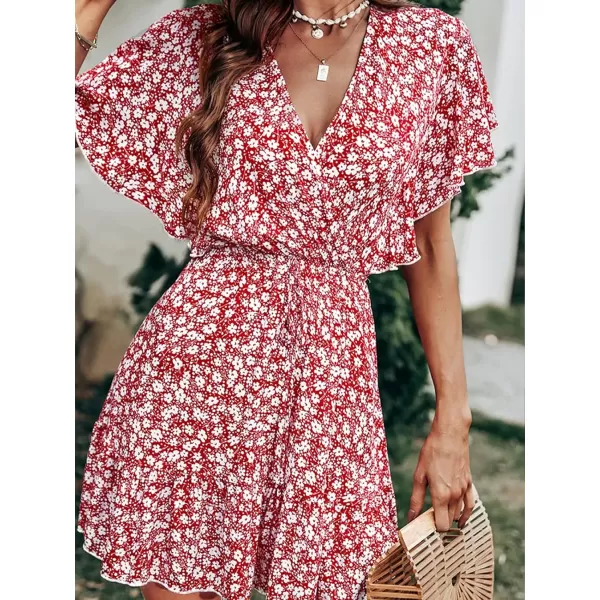 imageCUPSHE Womens VNeck Flared Sleeve Ditsy AShape Dress Froral Print Beach Summer Short DressesRed