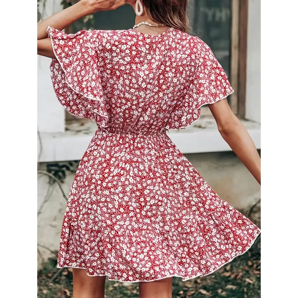 imageCUPSHE Womens VNeck Flared Sleeve Ditsy AShape Dress Froral Print Beach Summer Short DressesRed