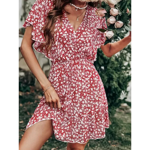 imageCUPSHE Womens VNeck Flared Sleeve Ditsy AShape Dress Froral Print Beach Summer Short DressesRed